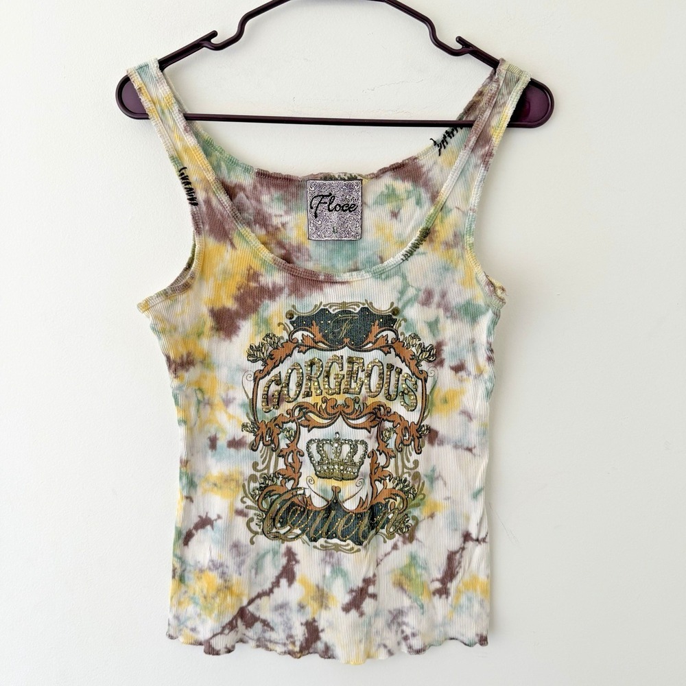 Y2K Indie Sleaze Graphic Tank Top Womens Distressed Embellished‎ Ribbed Grunge L